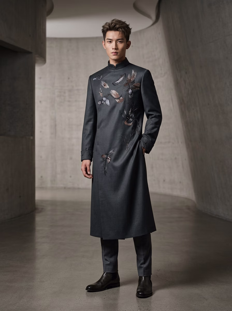 East Asian Changshan 长衫 AI fashion photoshoot and virtual try-on gallery