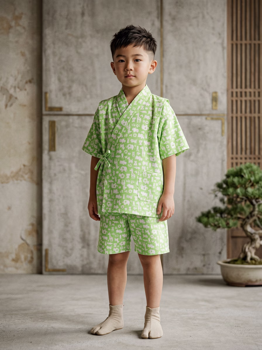 East Asian Jinbei 甚平 AI virtual try-on — Jinbei 甚平 Kids fashion model photoshoot by VERA Fashion AI