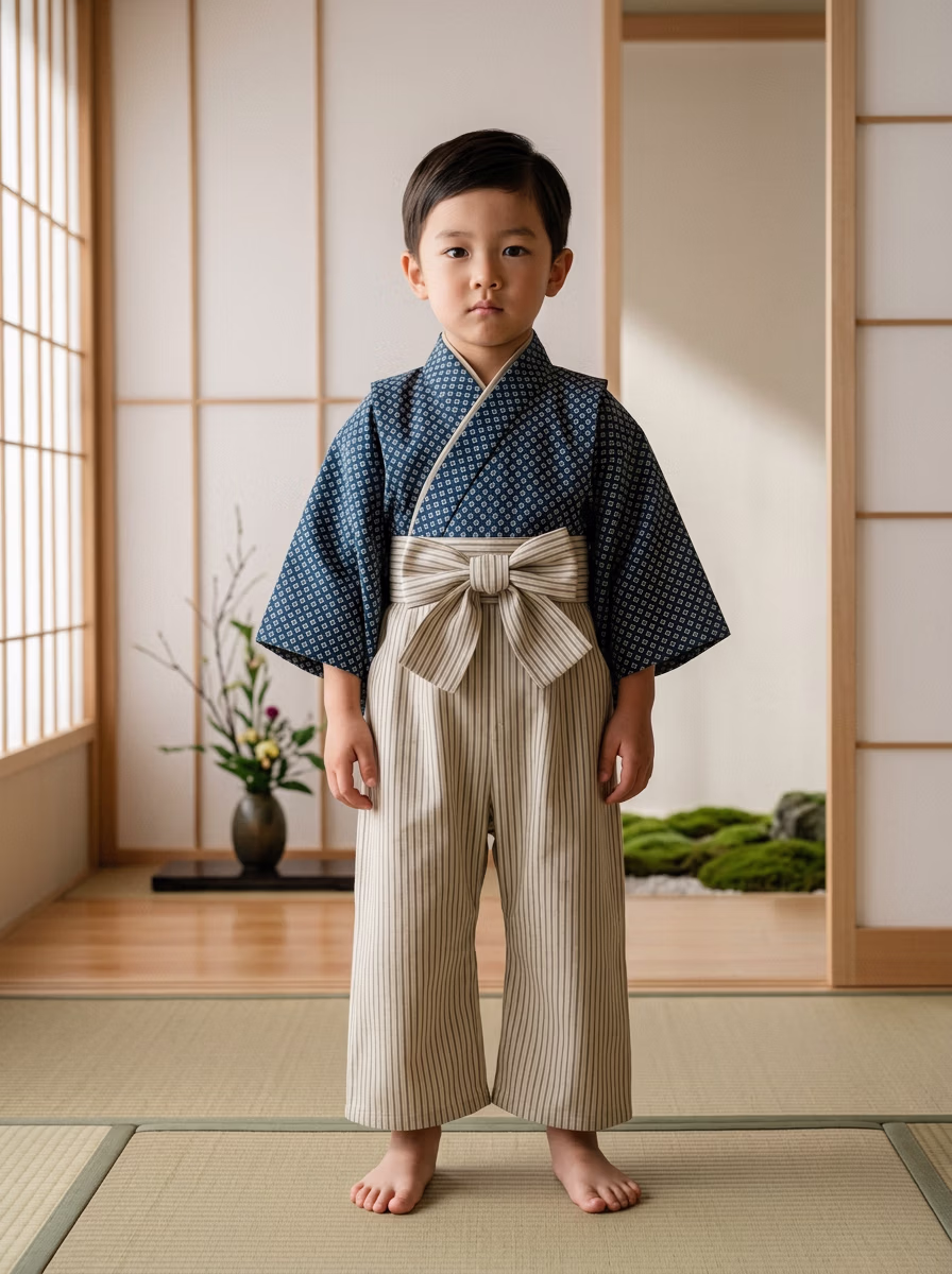 East Asian Jinbei 甚平 AI virtual try-on — Jinbei 甚平 Kids fashion model photoshoot by VERA Fashion AI