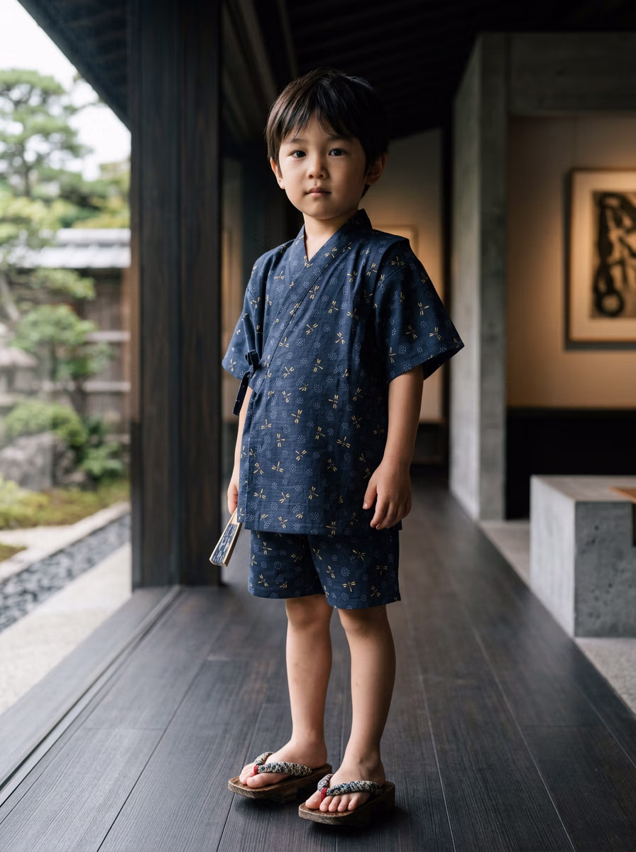 East Asian Jinbei 甚平 AI virtual try-on — Jinbei 甚平 Kids fashion model photoshoot by VERA Fashion AI