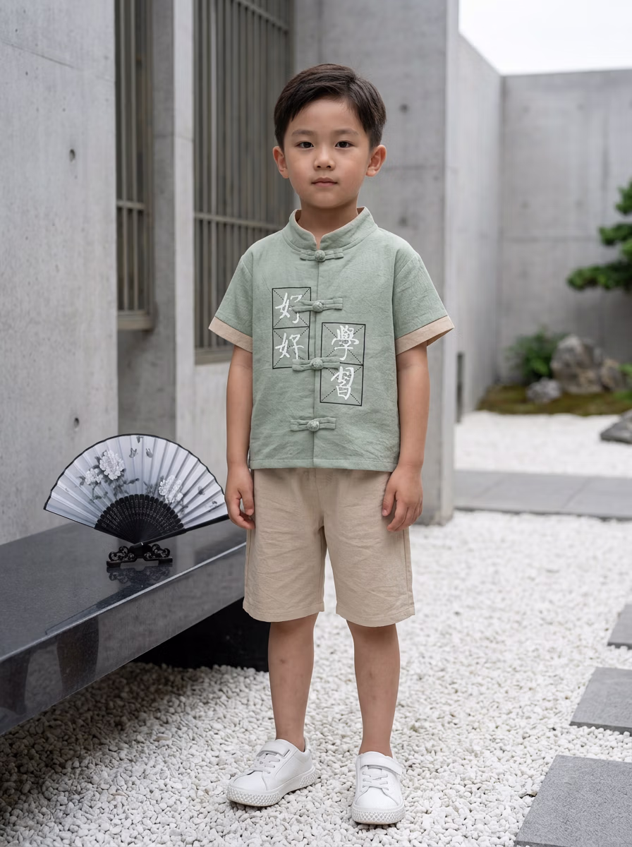 East Asian Jinbei 甚平 AI virtual try-on — Jinbei 甚平 Kids fashion model photoshoot by VERA Fashion AI
