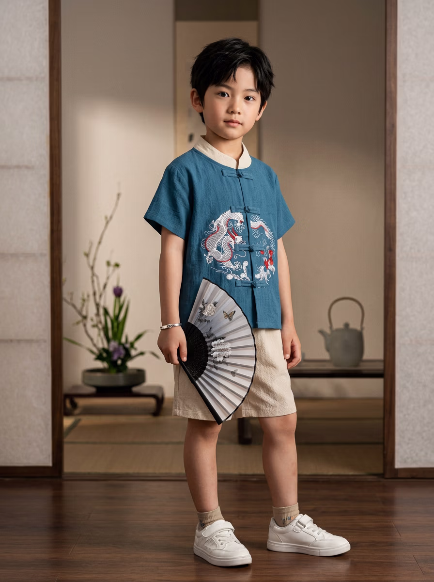 East Asian Jinbei 甚平 AI virtual try-on — Jinbei 甚平 Kids fashion model photoshoot by VERA Fashion AI