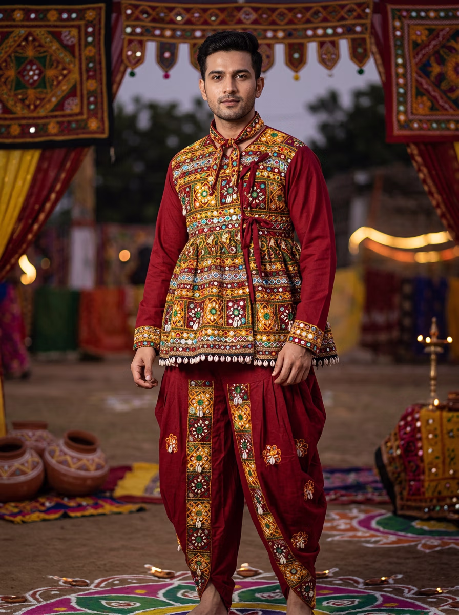 Indian Men's Kediyu AI virtual try-on — Traditional Navratri Kediya fashion model photoshoot by VERA Fashion AI