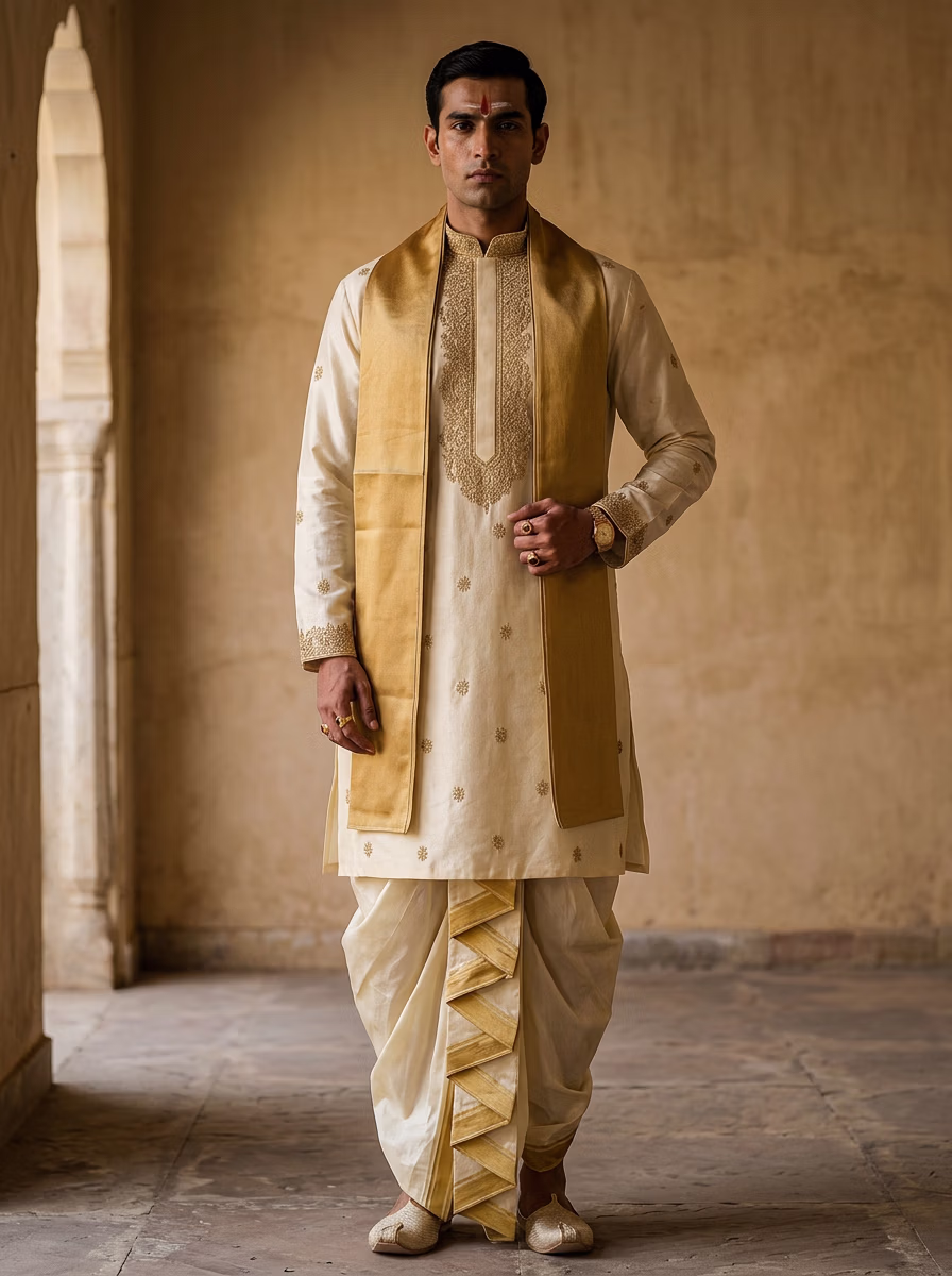Indian Men's Kurta Dhoti AI virtual try-on — Kurta Dhoti Indian Traditiona Mens fashion model photoshoot by VERA Fashion AI