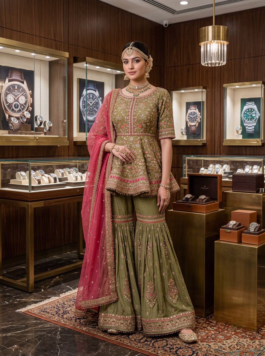 Indian Women's Sharara Garara AI fashion photoshoot and virtual try-on gallery