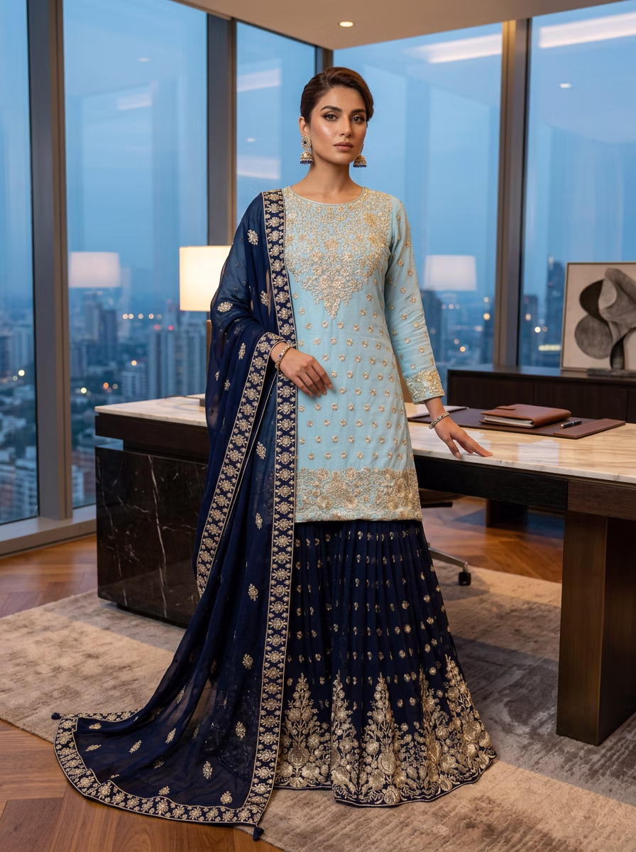 Indian Women's Sharara Garara AI virtual try-on — Pakistani Traditional Suit Salwar fashion model photoshoot by VERA Fashion AI