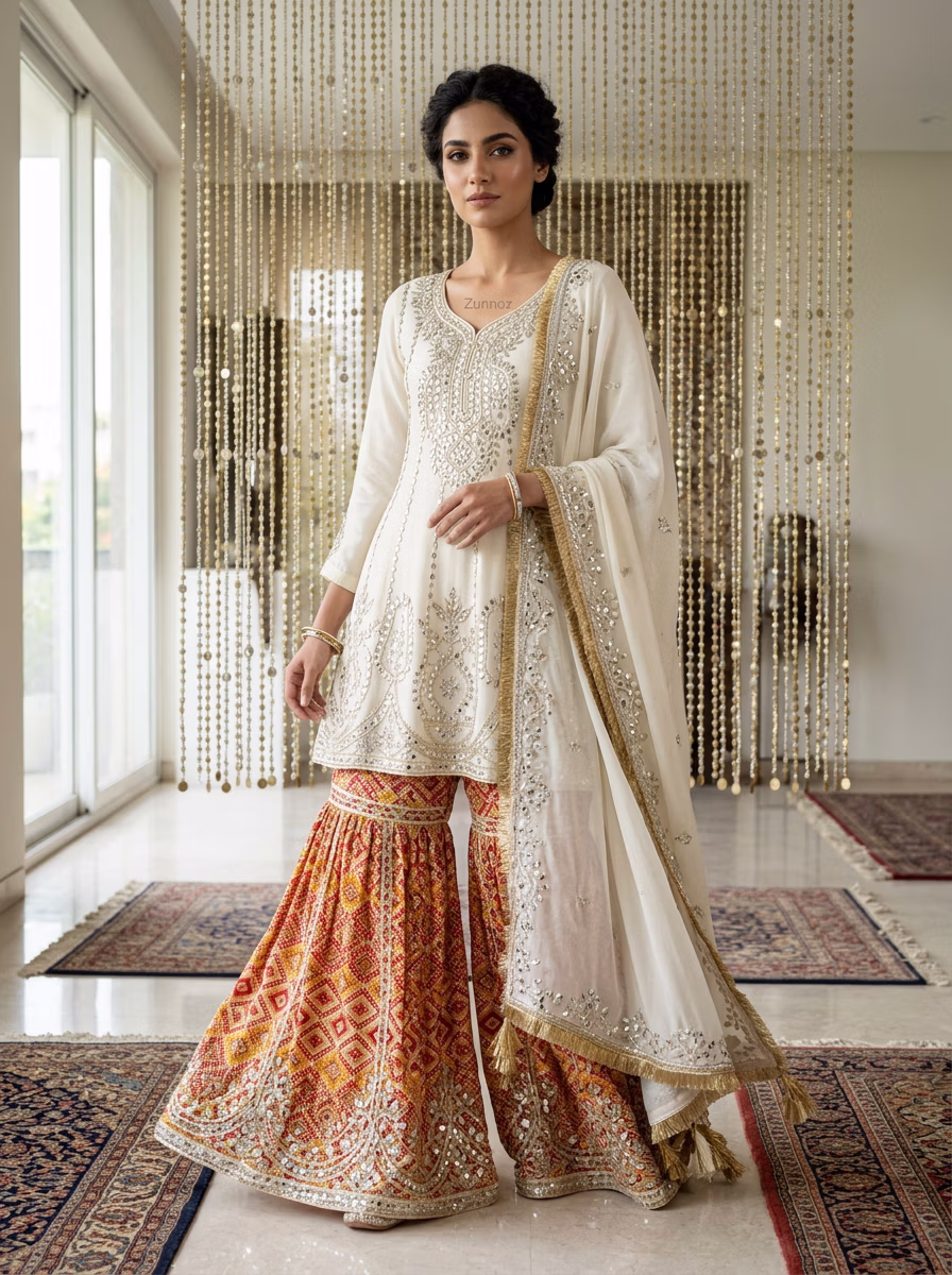 Indian Women's Sharara Garara AI virtual try-on — Sarara Gararra Indian Pakistani Tradtional fashion model photoshoot by VERA Fashion AI