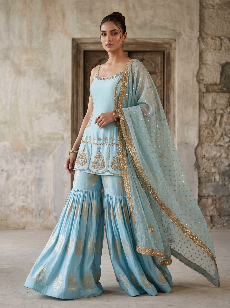 Indian Women's Sharara Garara AI virtual try-on — Sarara Gararra Indian Pakistani Tradtional fashion model photoshoot by VERA Fashion AI