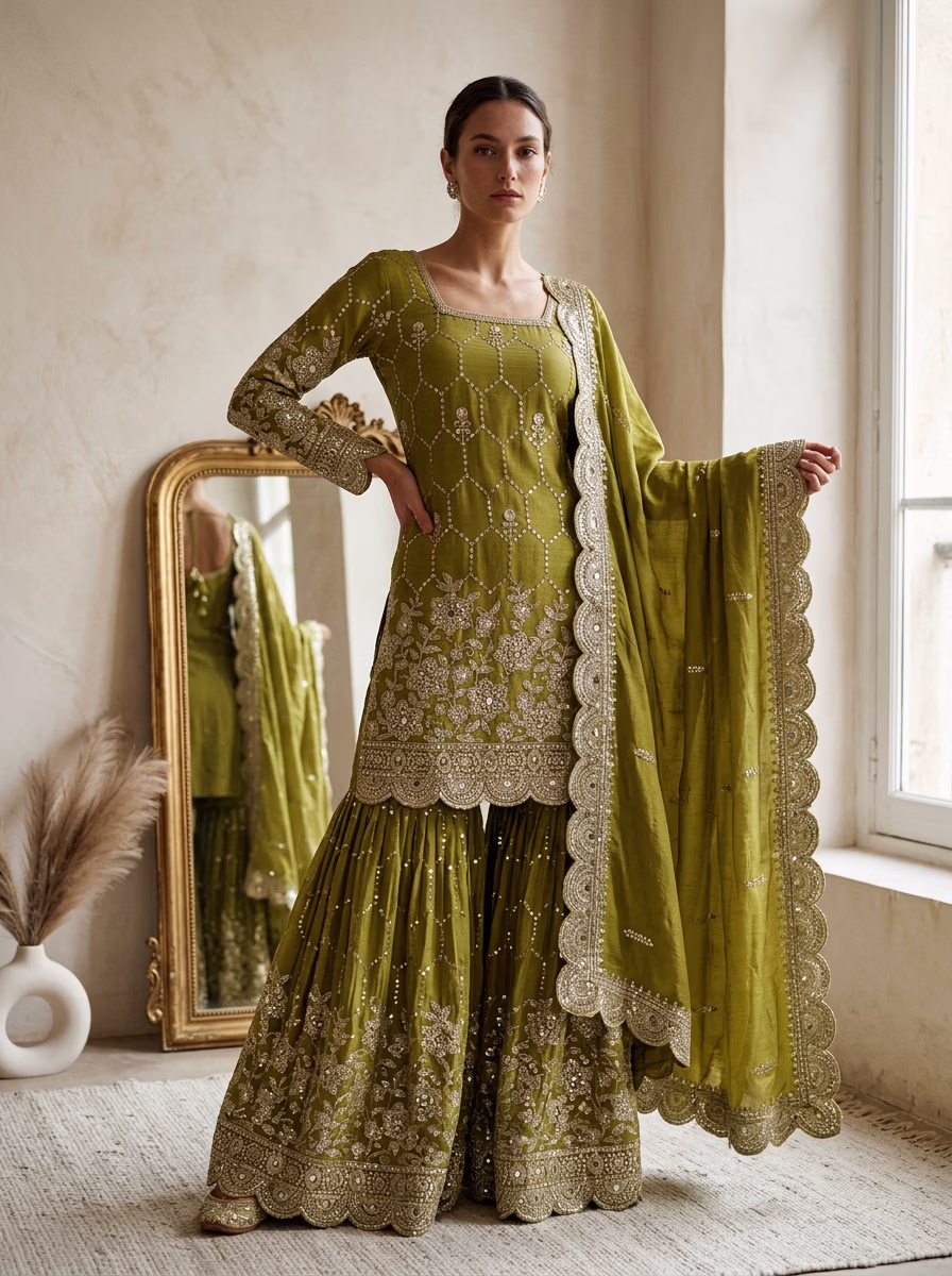 Indian Women's Sharara Garara AI virtual try-on — Sarara Gararra Indian Pakistani Tradtional fashion model photoshoot by VERA Fashion AI