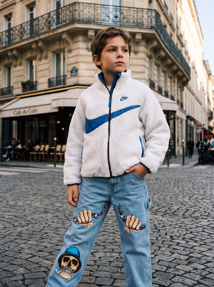 Boys' Wear AI virtual try-on — Kids Boys Jacket Casual Jeans Denim fashion model photoshoot by VERA Fashion AI