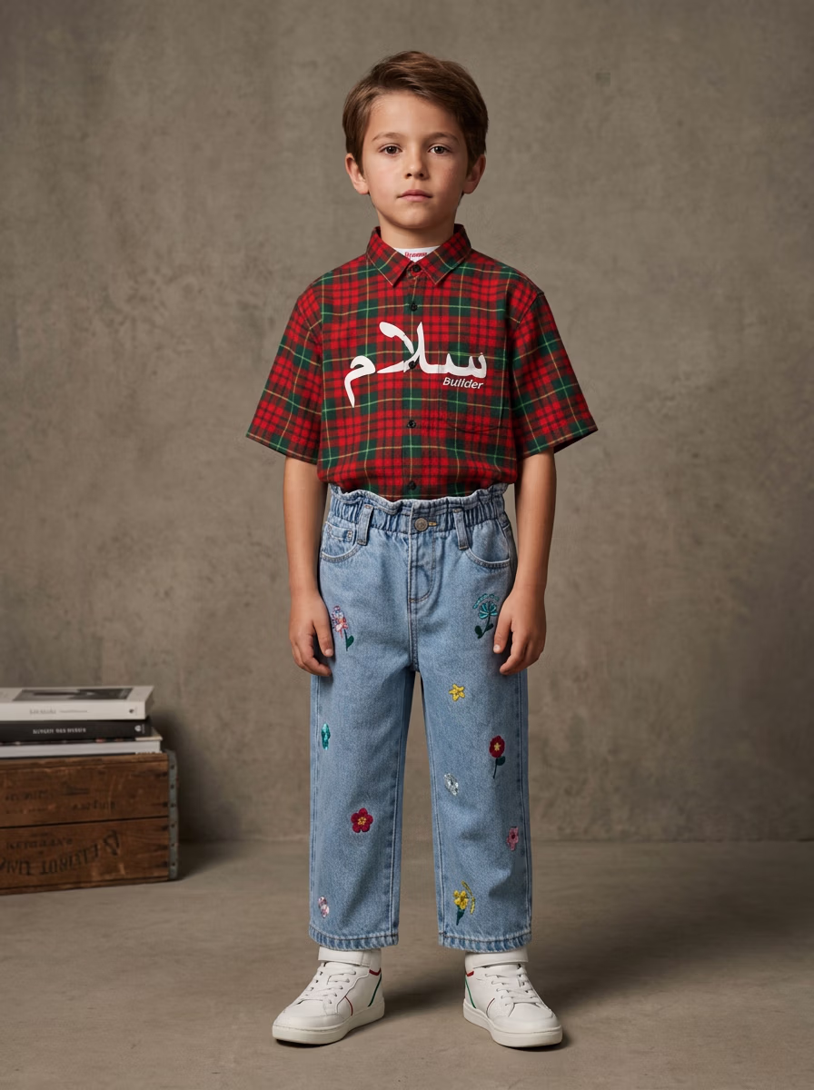 Boys' Wear AI virtual try-on — Kids Boys Shirts Denim Jeans Pants fashion model photoshoot by VERA Fashion AI