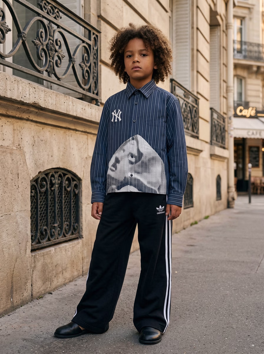 Boys' Wear AI virtual try-on — Kids Boys Shits Track Pant fashion model photoshoot by VERA Fashion AI