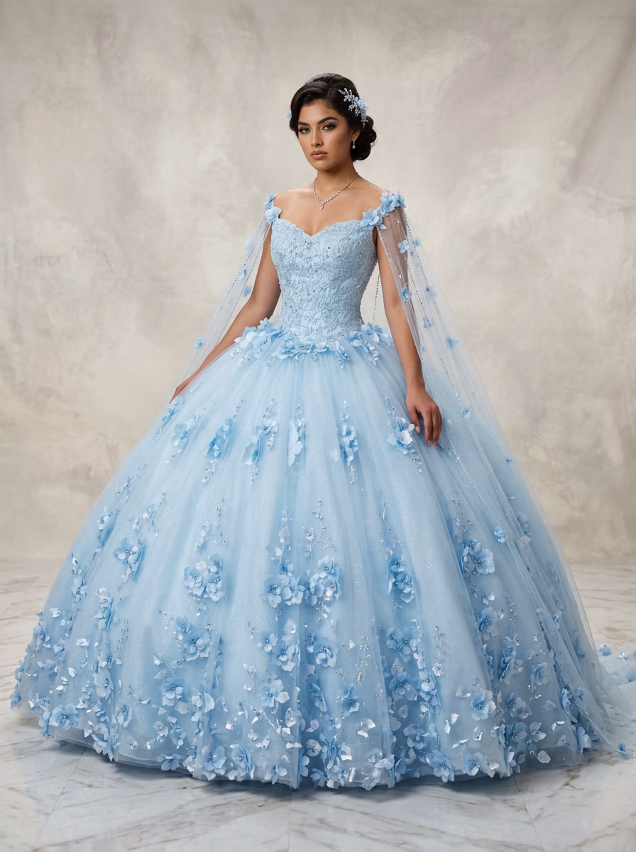 Mexican Quinceañera AI virtual try-on — Mexican Ethnic Traditional Quinceanera Dress Womens fashion model photoshoot by VERA Fashion AI