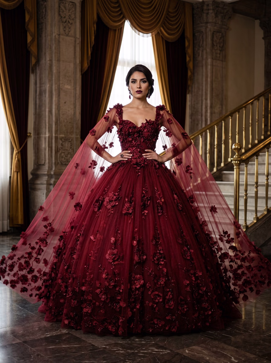 Mexican Quinceañera AI virtual try-on — Mexican Ethnic Traditional Quinceanera Dress Womens fashion model photoshoot by VERA Fashion AI