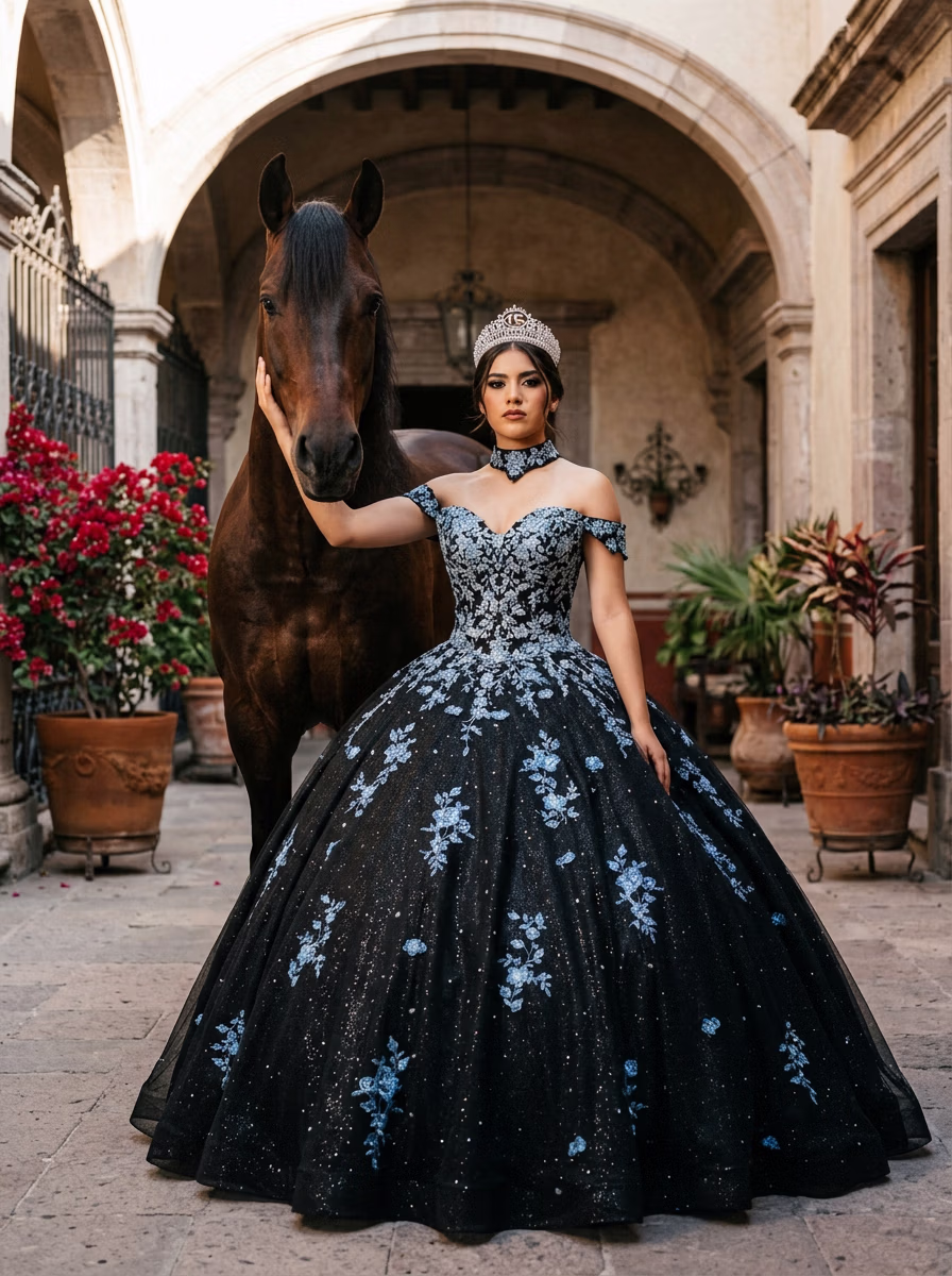 Mexican Quinceañera AI virtual try-on — Mexican Ethnic Traditional Quinceanera Dress Womens fashion model photoshoot by VERA Fashion AI