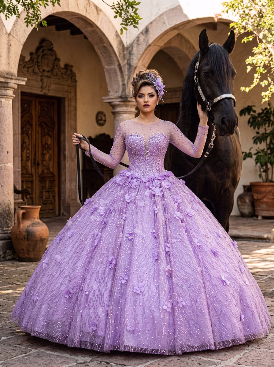 Mexican Quinceañera AI virtual try-on — Mexican Ethnic Traditional Quinceanera Dress Womens fashion model photoshoot by VERA Fashion AI