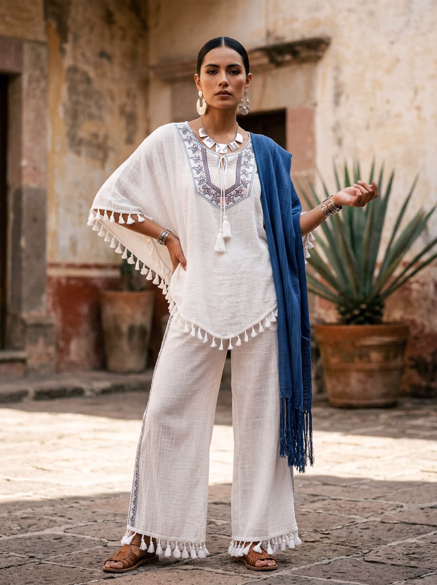 Mexican Ethnic Traditional Wear AI virtual try-on — Mexican Ethnic Traditional Huipil Pronounced Wee Peel fashion model photoshoot by VERA Fashion AI