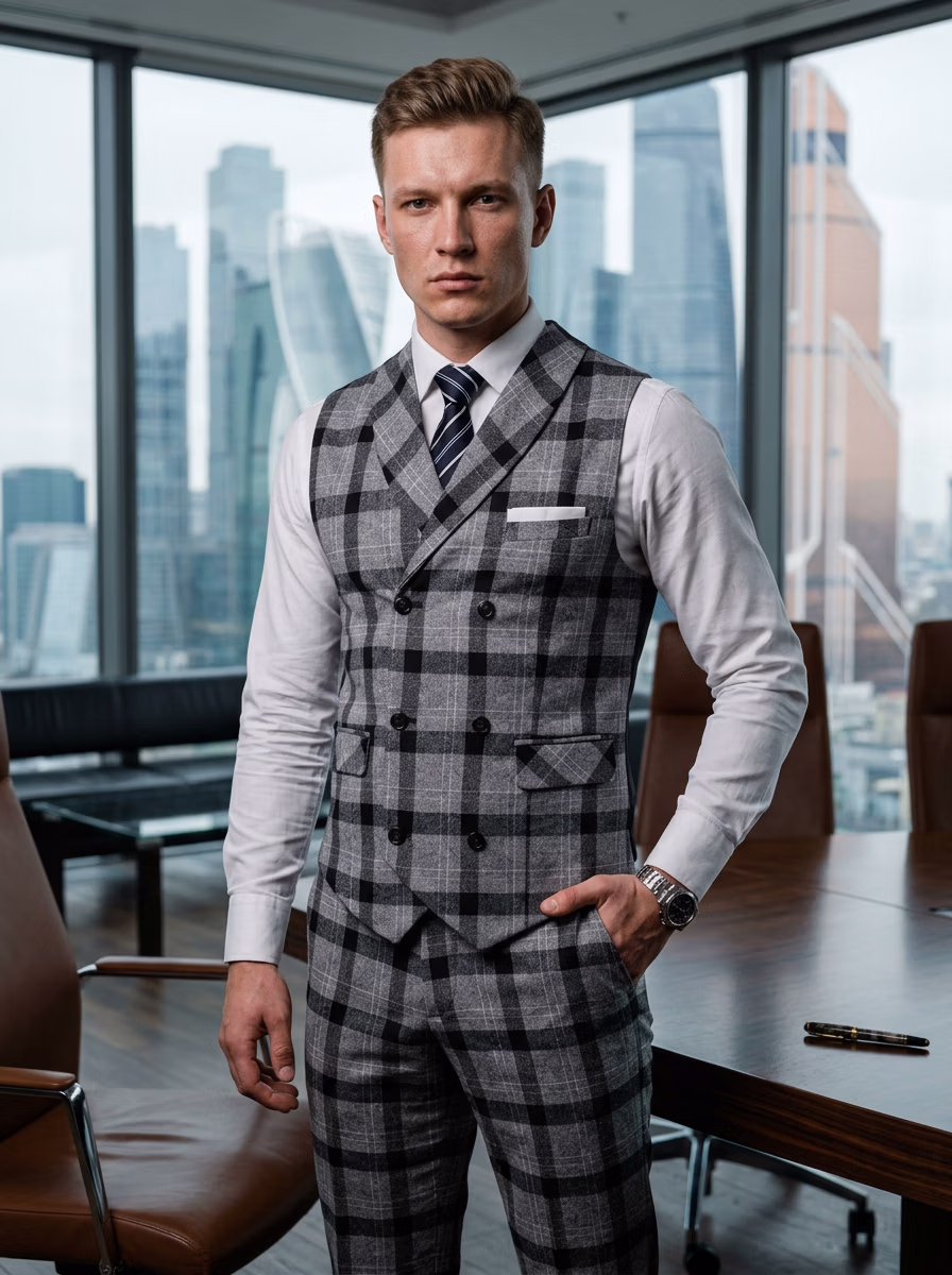 Office Wear AI virtual try-on — Business Corporate Office Man Checks Waistcoat Shirt fashion model photoshoot by VERA Fashion AI