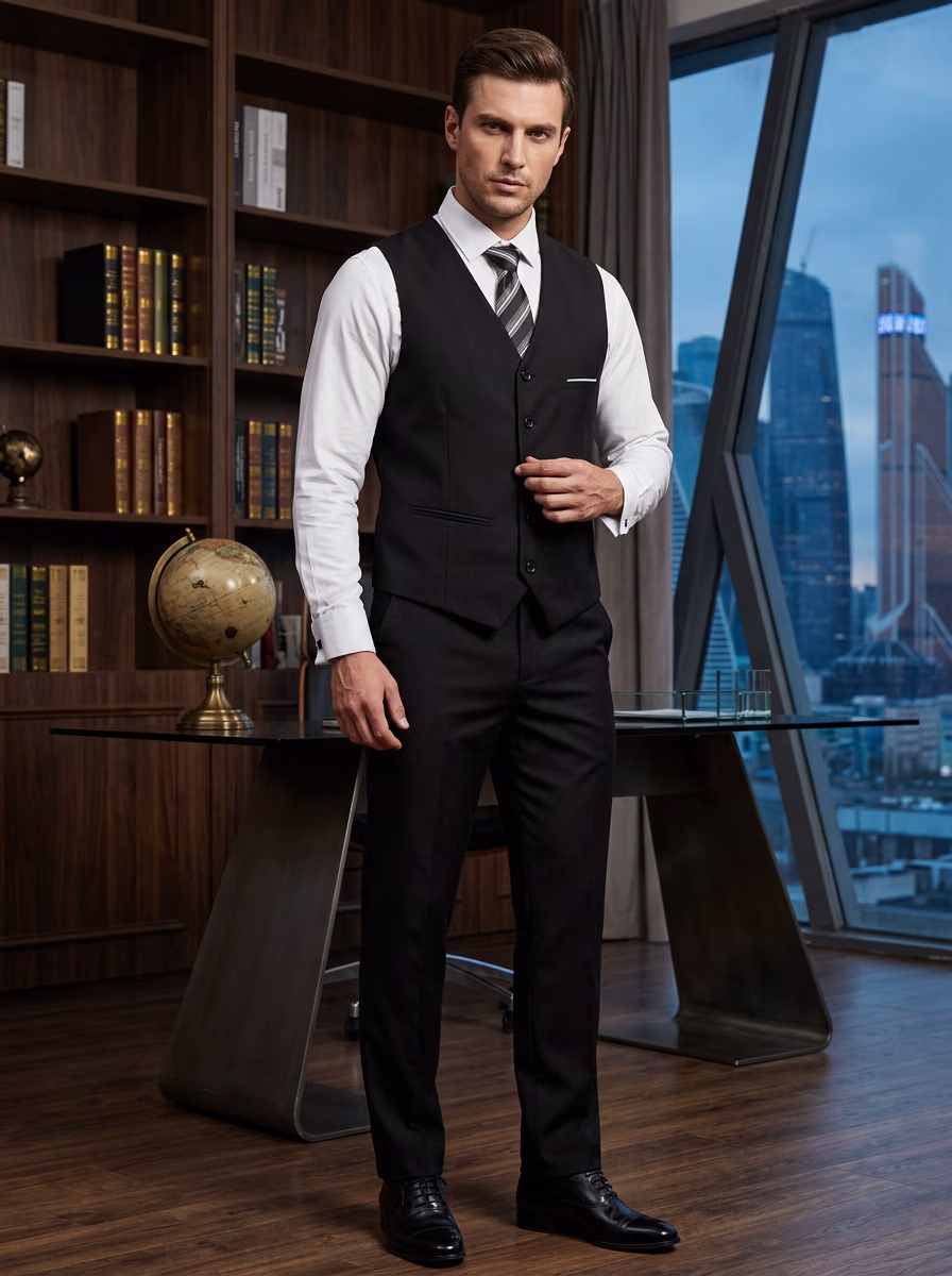 Office Wear AI virtual try-on — Business Corporate Office Man Waistcoat Shirt Pant fashion model photoshoot by VERA Fashion AI