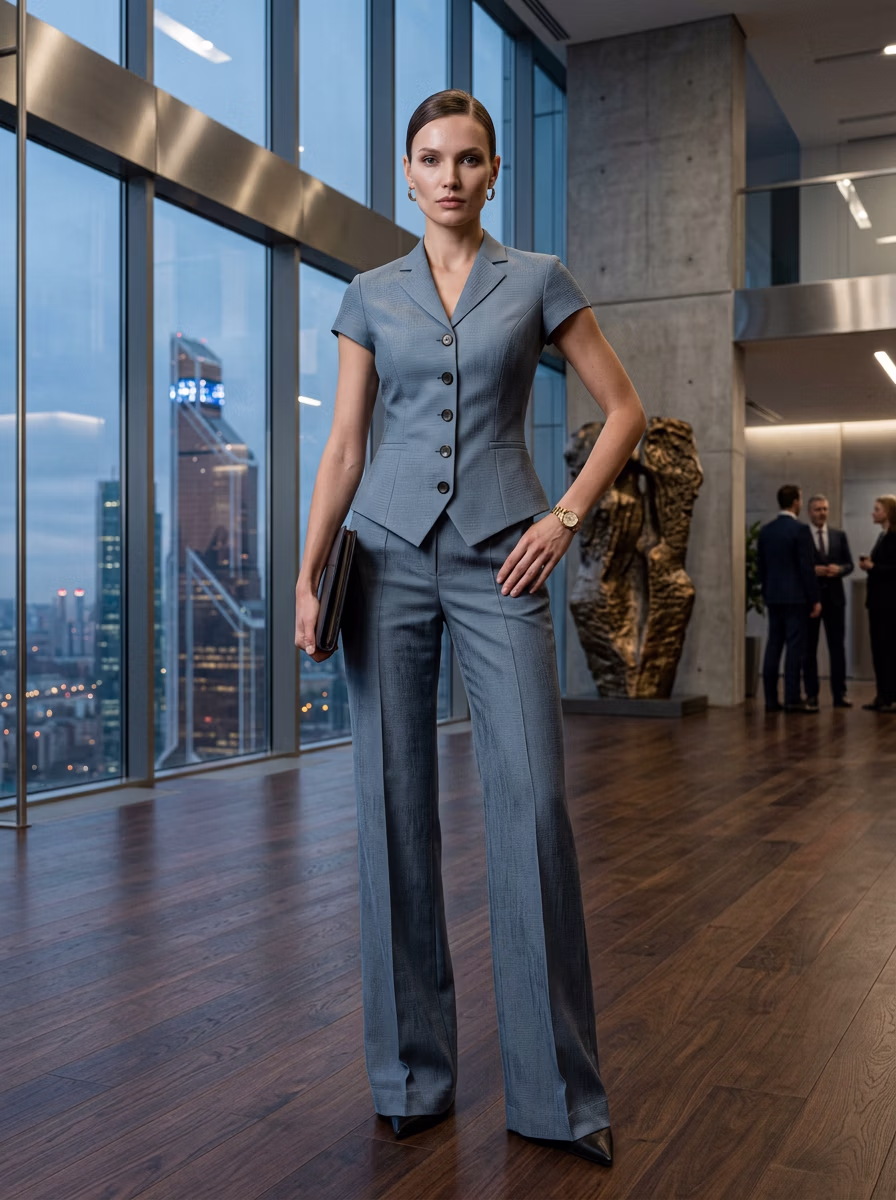 Office Wear AI virtual try-on — Business Corporate Office Women Waistcoat Pant Casual fashion model photoshoot by VERA Fashion AI