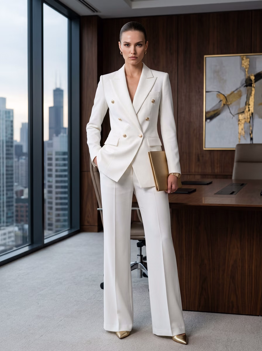 Suit and Tuxedo Suit AI virtual try-on — Professional Suit Business Woman fashion model photoshoot by VERA Fashion AI