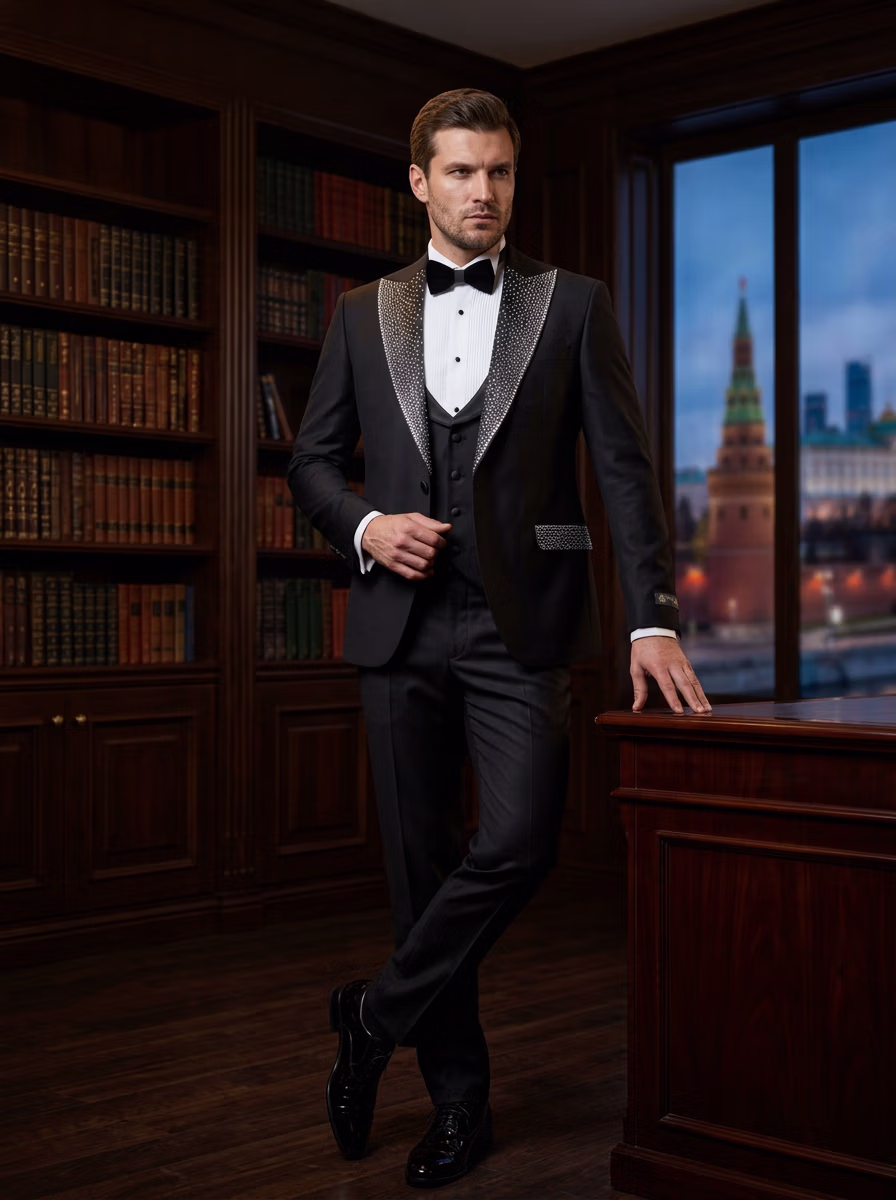 Suit and Tuxedo Suit AI virtual try-on — Professional Tuxedo Suit Business Man fashion model photoshoot by VERA Fashion AI