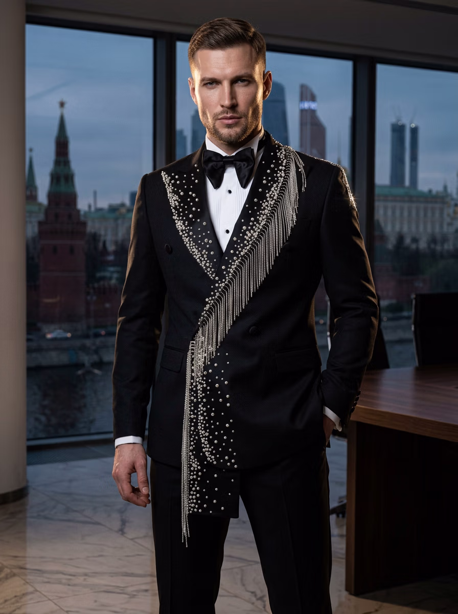 Suit and Tuxedo Suit AI virtual try-on — Professional Tuxedo Suit Business Man fashion model photoshoot by VERA Fashion AI