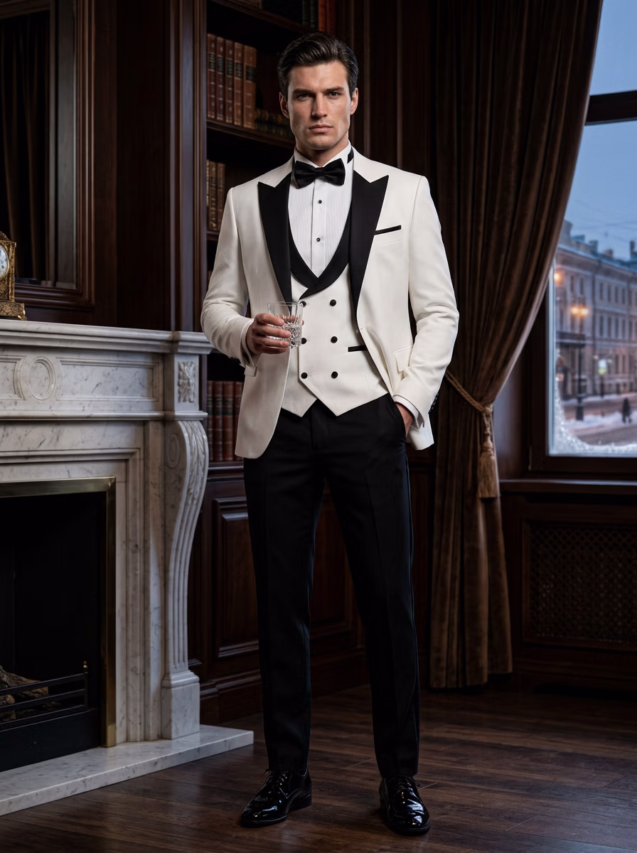 Suit and Tuxedo Suit AI virtual try-on — Professional Tuxedo Suit Business Man fashion model photoshoot by VERA Fashion AI