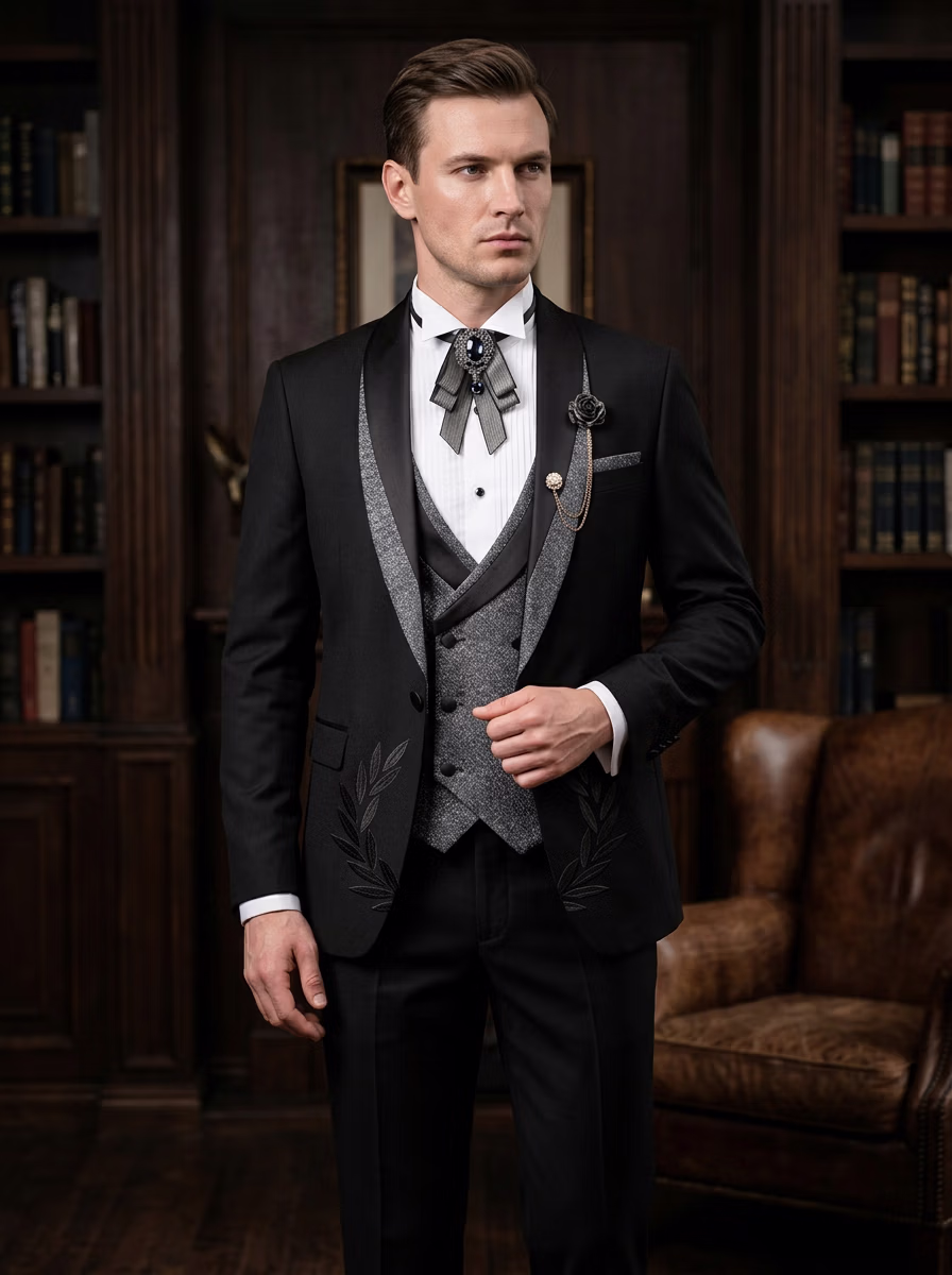 Suit and Tuxedo Suit AI virtual try-on — Professional Tuxedo Suit Business Man fashion model photoshoot by VERA Fashion AI