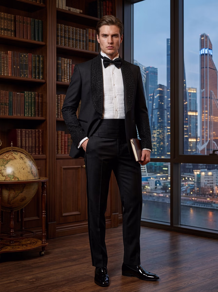 Suit and Tuxedo Suit AI virtual try-on — Professional Tuxedo Suit Business Man fashion model photoshoot by VERA Fashion AI