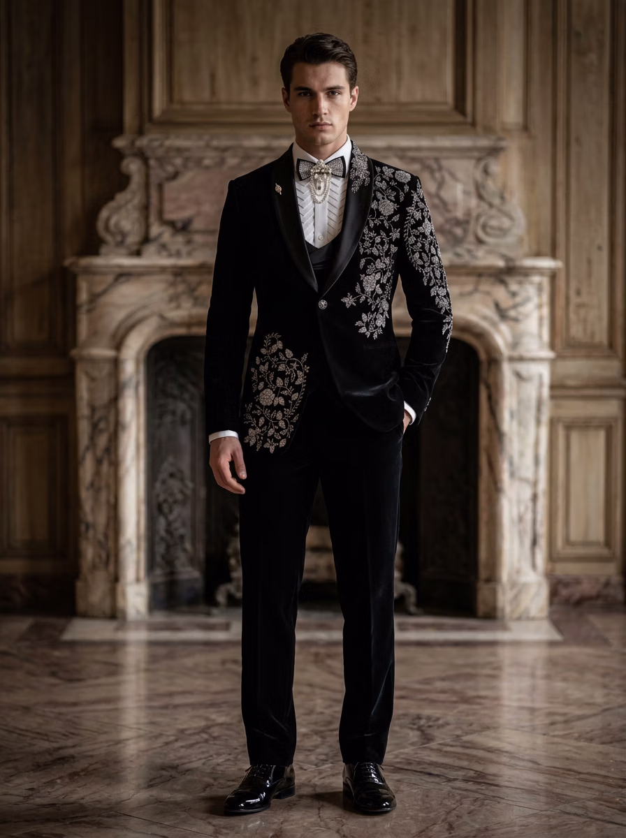 Weddings Wear AI virtual try-on — Wedding Groom Suit Western Tuxedo fashion model photoshoot by VERA Fashion AI
