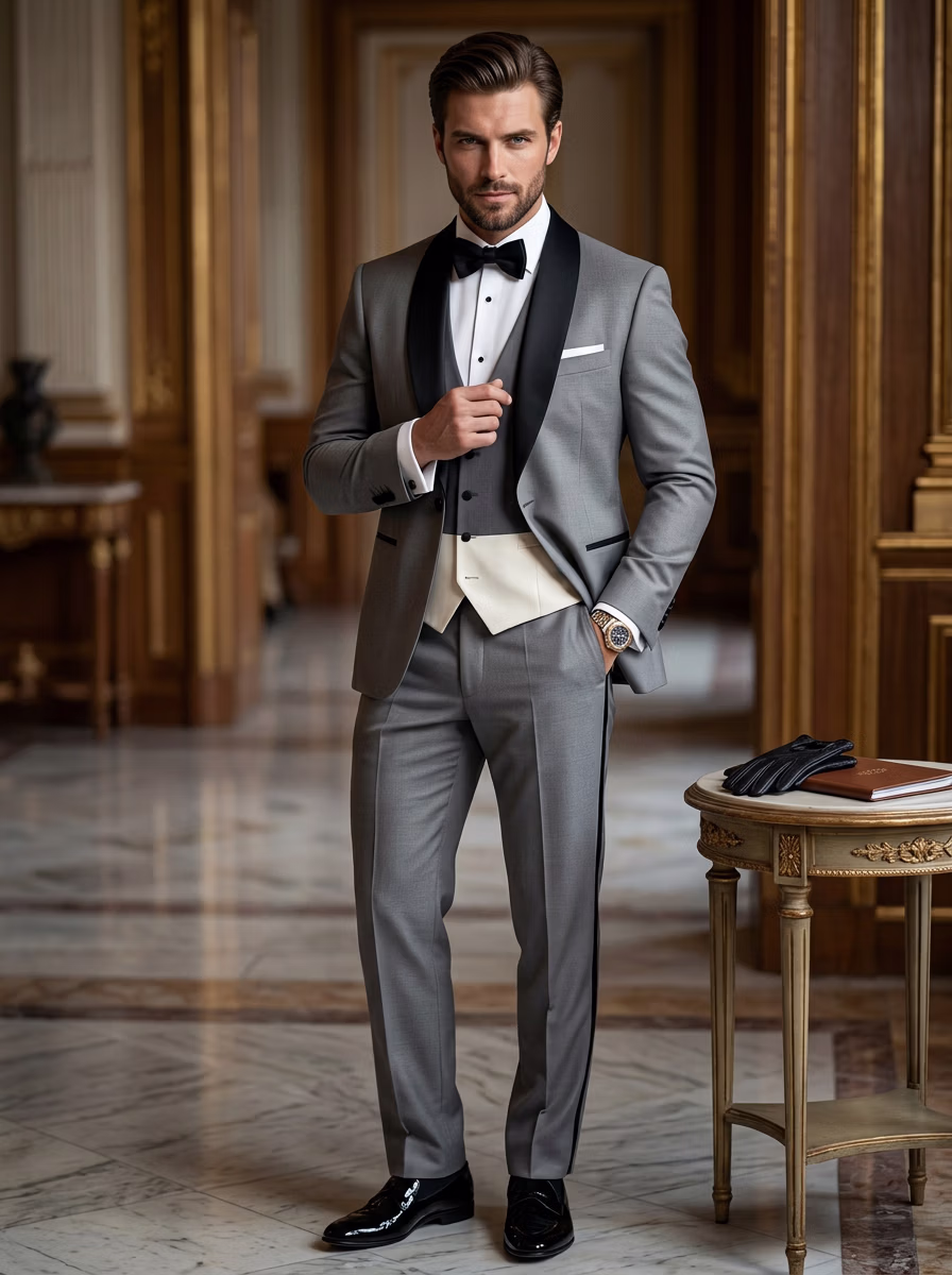 Weddings Wear AI virtual try-on — Wedding Groom Suit Western Tuxedo fashion model photoshoot by VERA Fashion AI