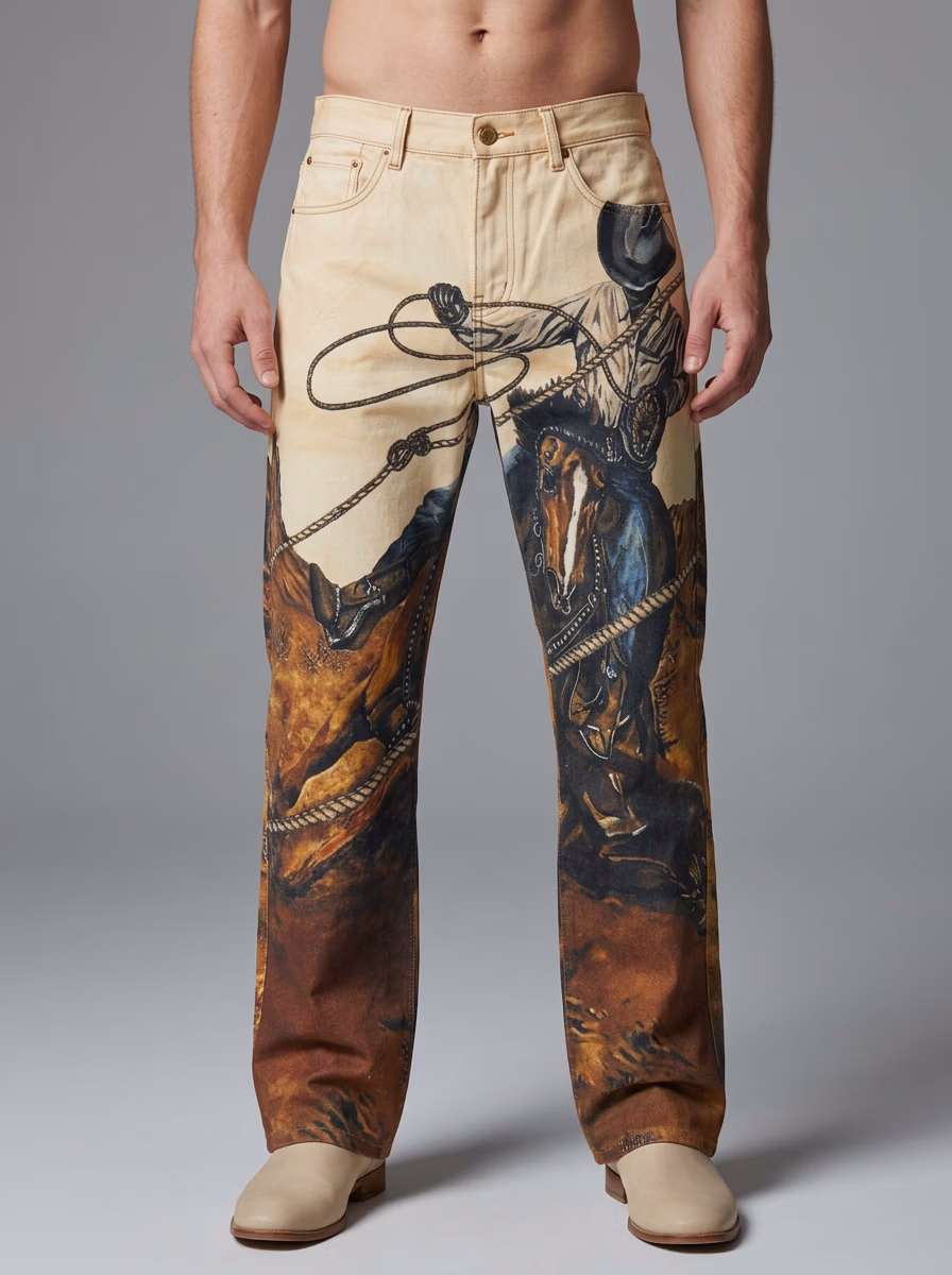 Men's Pants for Men AI virtual try-on — Pinted Jeans Pant Man fashion model photoshoot by VERA Fashion AI