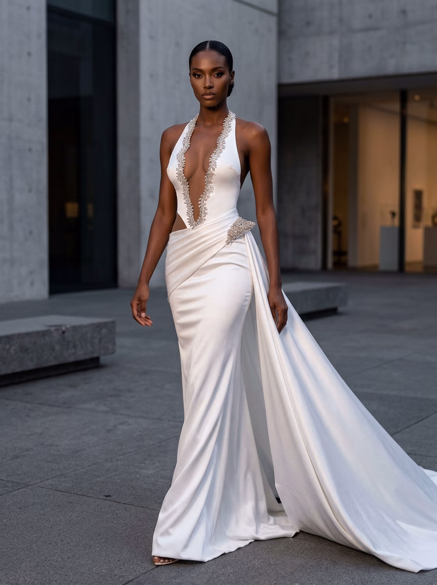 Women's Gown AI virtual try-on — Designer Premium High Fashion Gown Women fashion model photoshoot by VERA Fashion AI