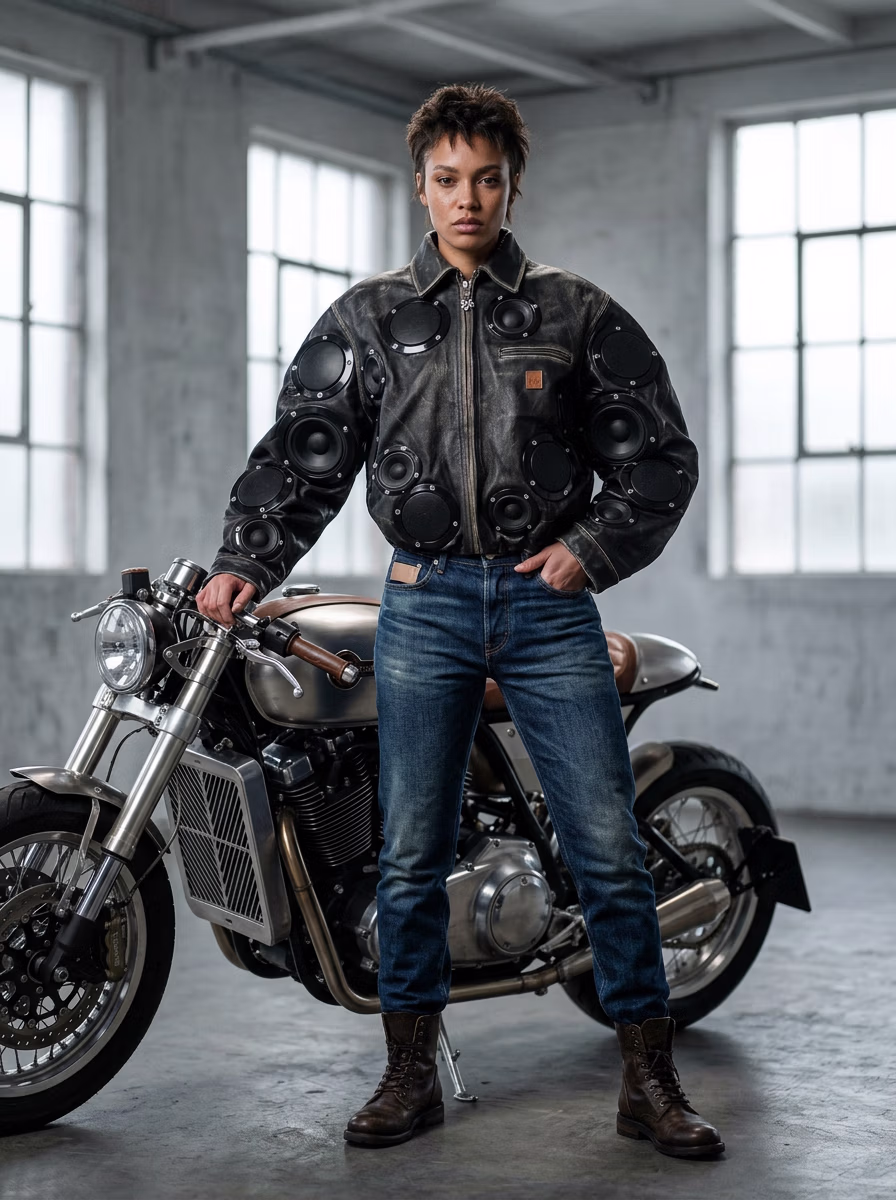 Women's Jackets AI virtual try-on — Women's Biker Leather Jacket fashion model photoshoot by VERA Fashion AI