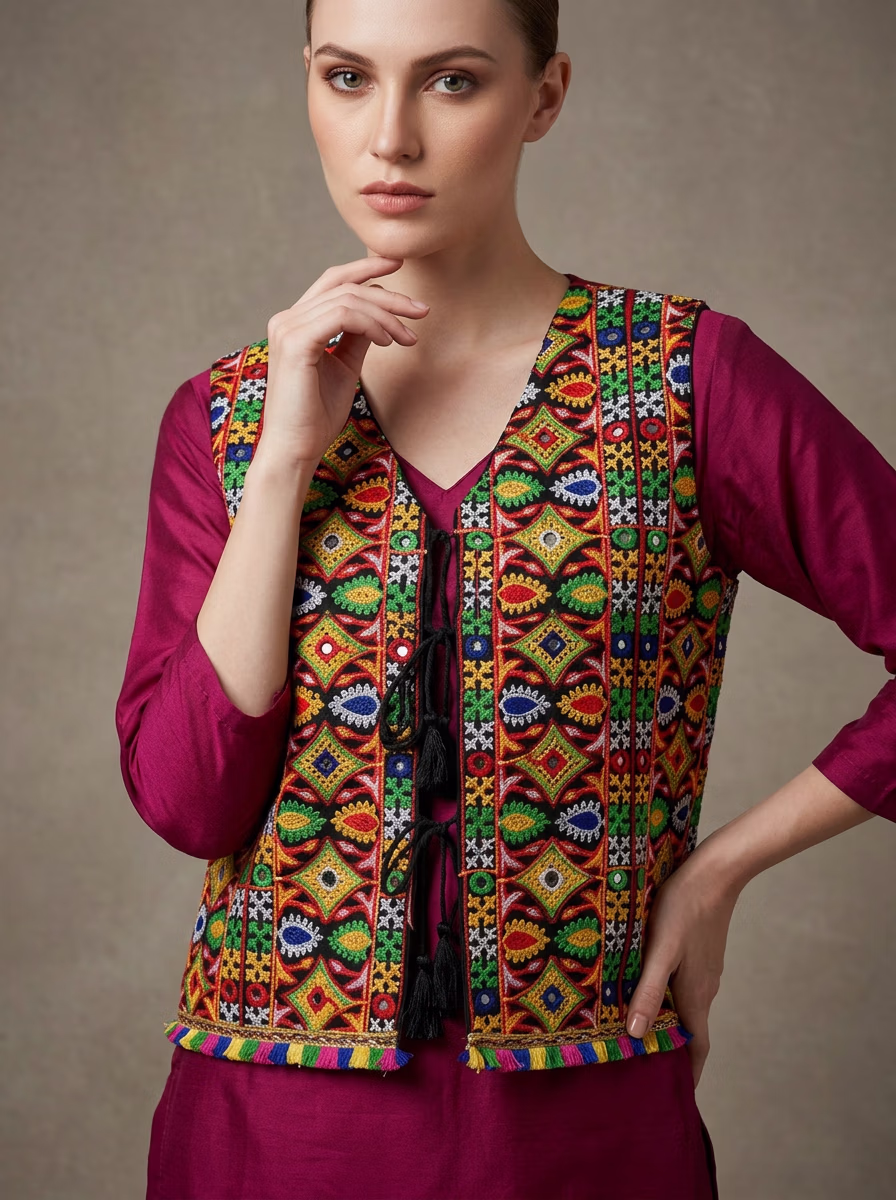 Women's Jackets AI virtual try-on — Women's Indian Traditional Fastive Ethnic Waistcoat Jacket fashion model photoshoot by VERA Fashion AI