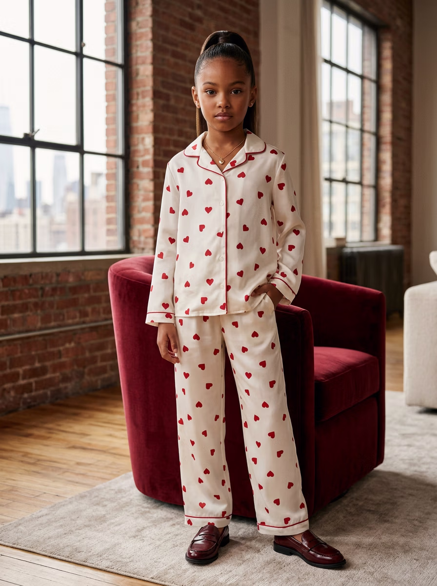Women's Night Wear AI virtual try-on — Kids's Girls Sleepwear Fullpant Pajamas fashion model photoshoot by VERA Fashion AI