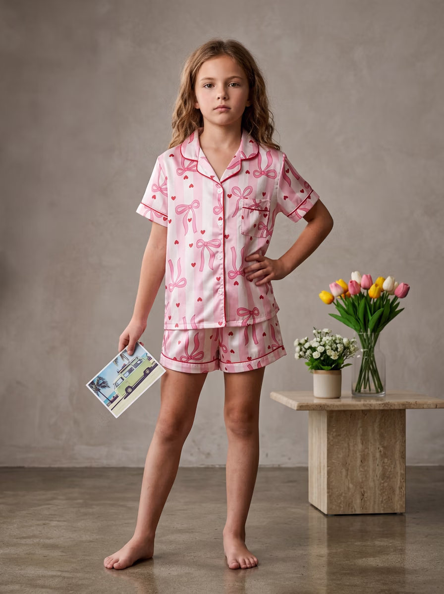 Women's Night Wear AI virtual try-on — Kids's Girls Sleepwear Halfpant Pajamas fashion model photoshoot by VERA Fashion AI
