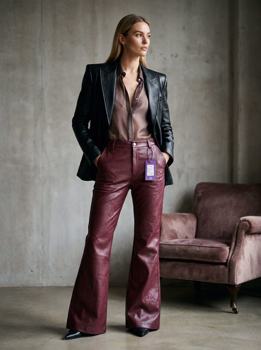 Women's Pants AI virtual try-on — Women's Leather Pants fashion model photoshoot by VERA Fashion AI