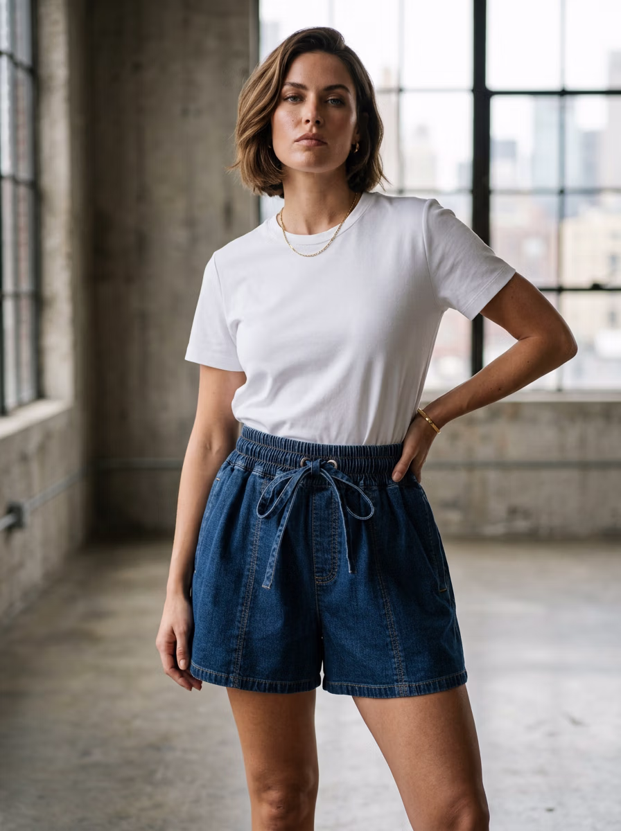 Women's Shorts AI virtual try-on — Women's Denim Jeans Shorts fashion model photoshoot by VERA Fashion AI