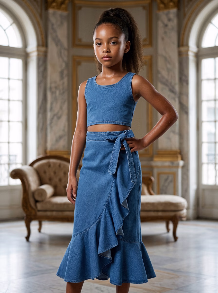 Women's Skirts AI virtual try-on — Kids's Girls Denim Asymmetrical Hem Skirt with fashion model photoshoot by VERA Fashion AI