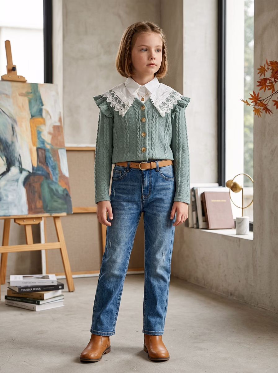 Women's Sweaters and Sweatshirts AI virtual try-on — Kid's Girls Sweatshirts Full Sleeve Casual fashion model photoshoot by VERA Fashion AI